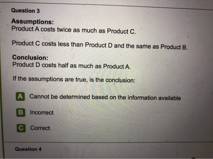 Solved Question 3 Assumptions Product A Costs Twice As M Chegg Com