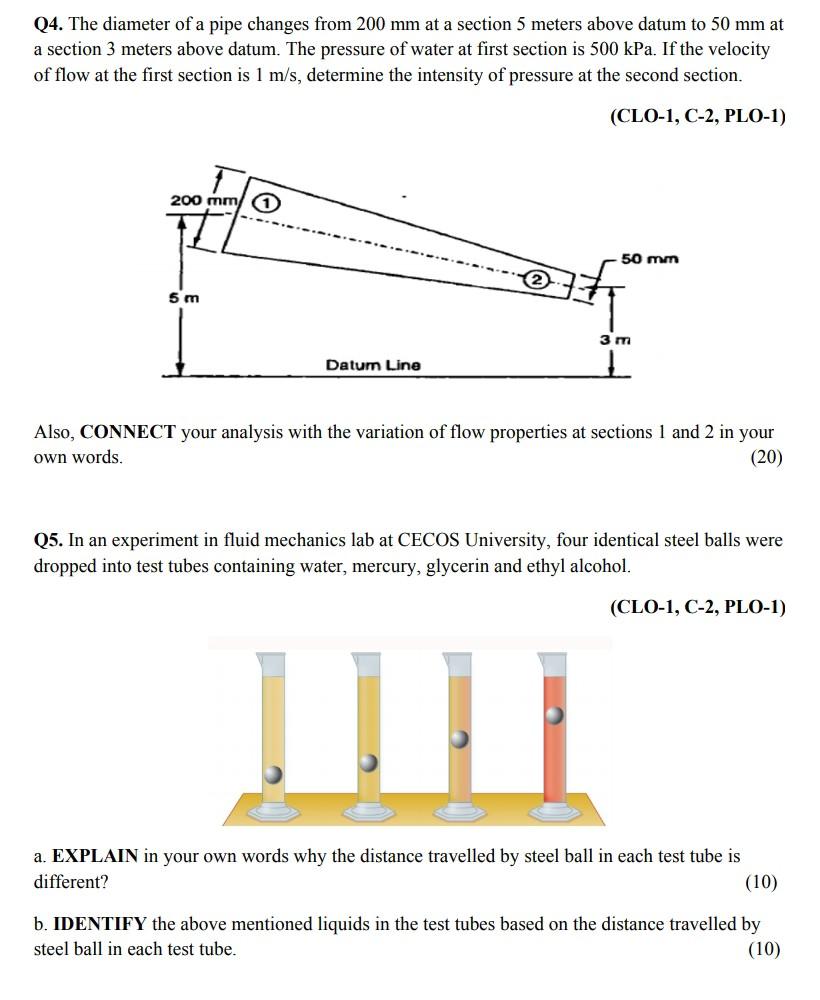 Solved Q4. The diameter of a pipe changes from 200 mm at a