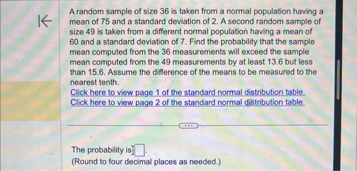 Solved A random sample of size 36 is taken from a normal | Chegg.com