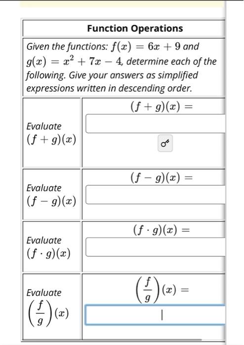 Solved == Function Operations Given the functions: f(x) = 6x | Chegg.com