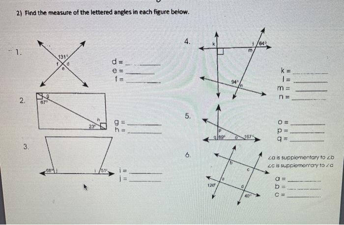 Solved 2) Find the measure of the lettered angles in each | Chegg.com