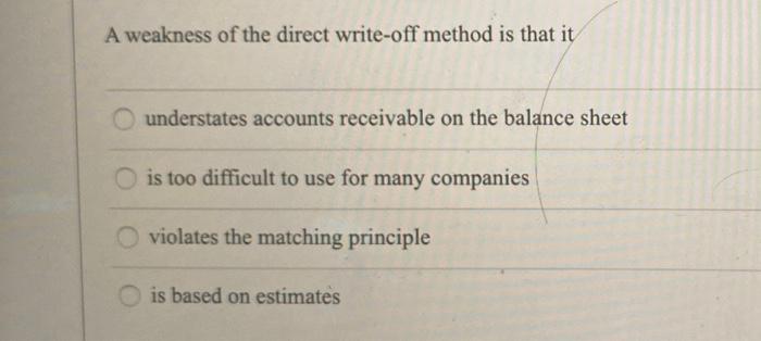 Solved A weakness of the direct write-off method is that it | Chegg.com