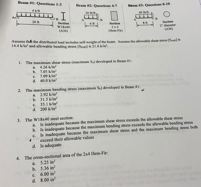 Solved Beam #1: Questions 1-3 Beam #2: Questions 4-7 Beam | Chegg.com
