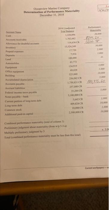 Oceanview Marine Company
Determination of Performance Materiality
December \( 31.2018 \)