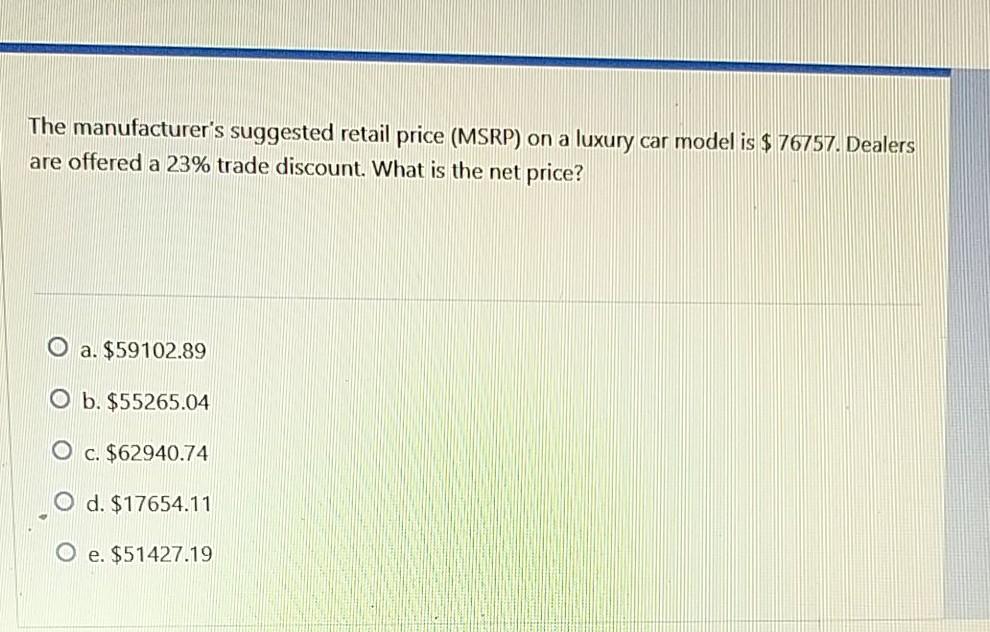 Solved The manufacturer's suggested retail price (MSRP) on a