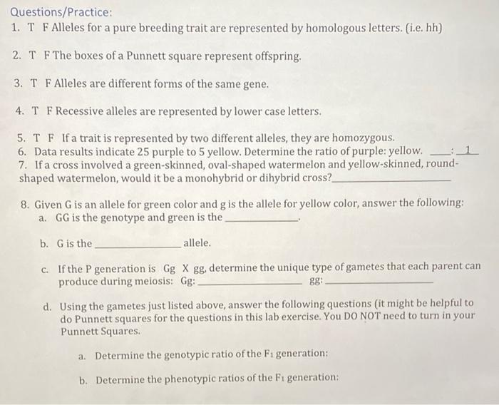 Solved Questions/Practice: 1. T F Alleles for a pure | Chegg.com