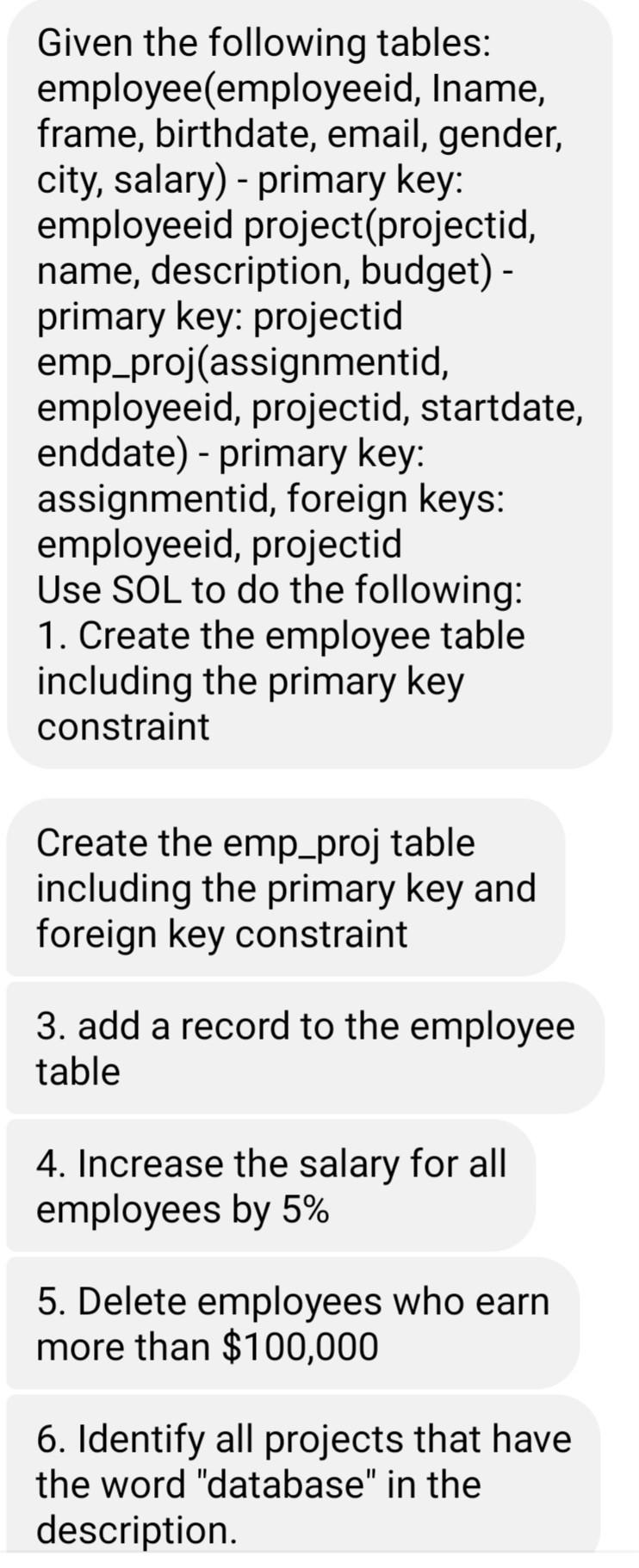 Solved Given the following tables: employee(employeeid, | Chegg.com