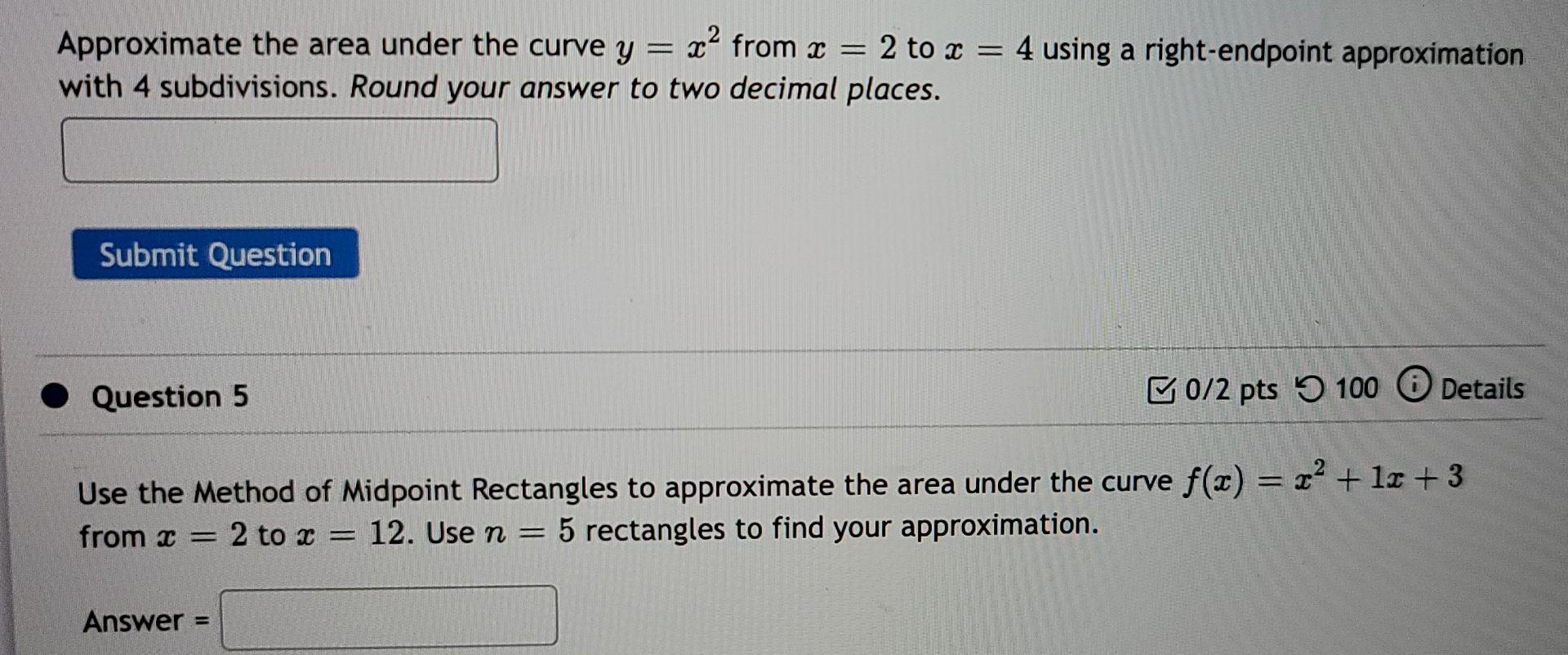 Solved Approximate the area under the curve y = x² from c = | Chegg.com