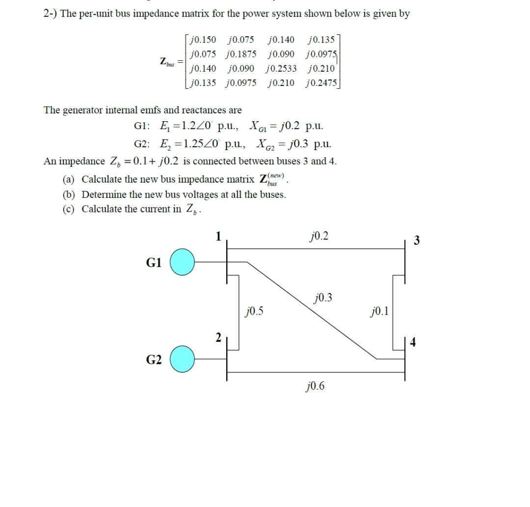 Solved 2-) The per-unit bus impedance matrix for the power | Chegg.com