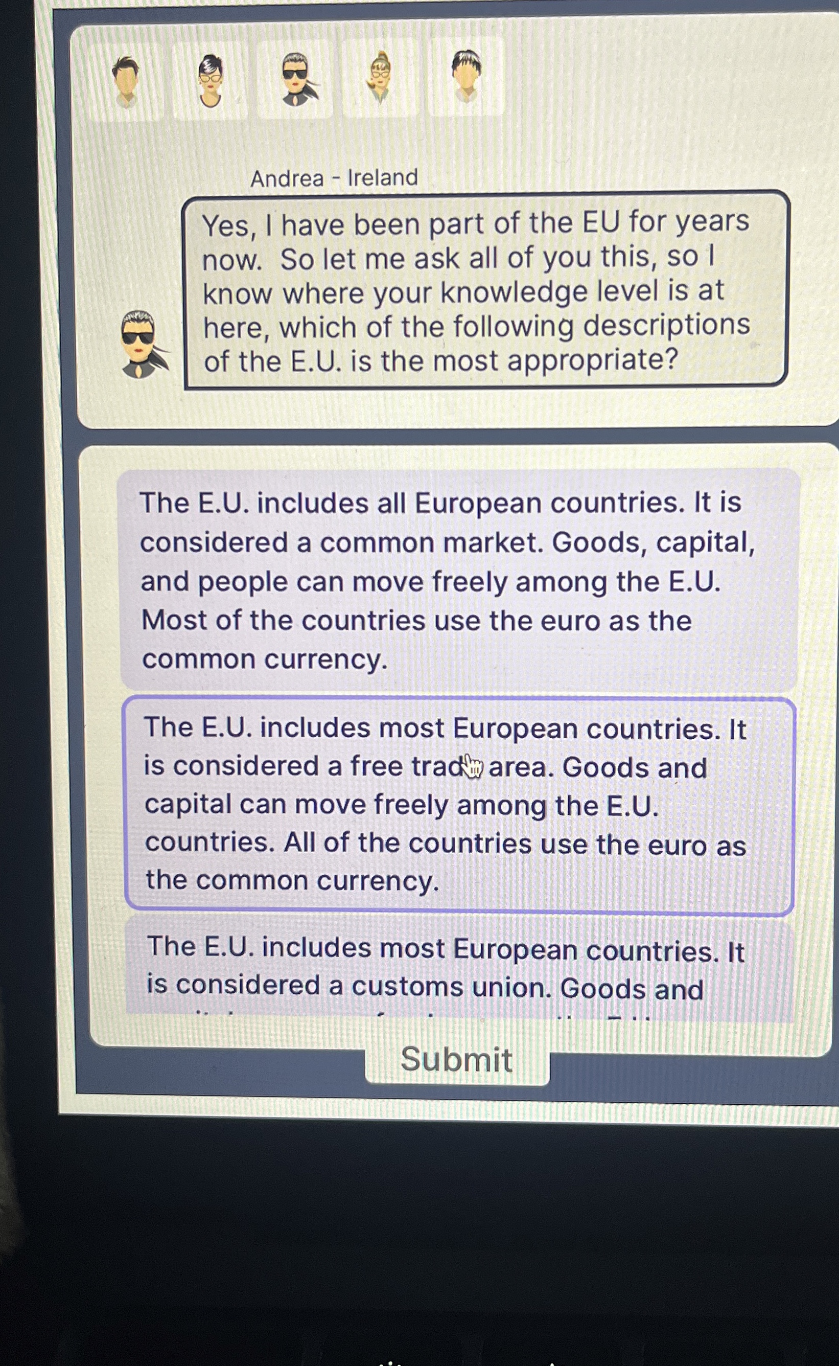 Solved Andrea - ﻿IrelandYes, I have been part of the EU for | Chegg.com
