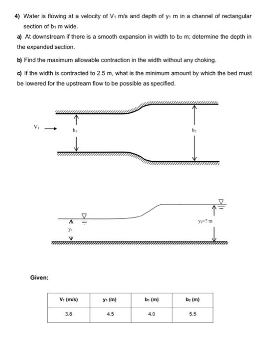 Solved 4) Water is flowing at a velocity of V1 m/s and depth | Chegg.com