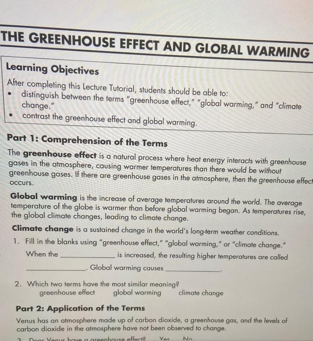 Solved THE GREENHOUSE EFFECT AND GLOBAL WARMING Learning Chegg