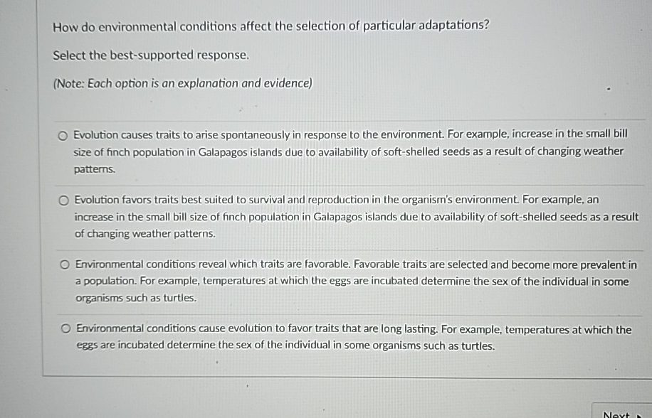 Solved How do environmental conditions affect the selection | Chegg.com