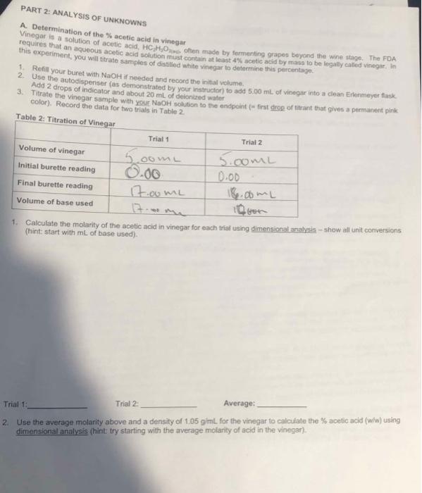 Solved Table 1: Standardization Data Trial 2 Trial 1 Mass of | Chegg.com