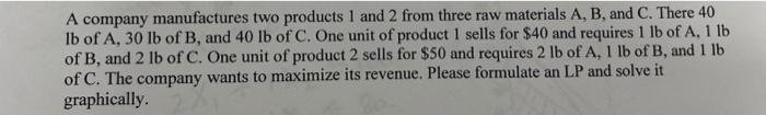 Solved A company manufactures two products 1 and 2 from | Chegg.com