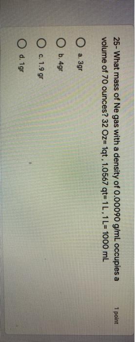 Solved 1 Point 25 What Mass Of Ne Gas With A Density Of Chegg Com