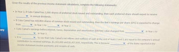 Civen the results of the prevous income statement alailations, complete the following statements:
- In Year 2, f Cute Camed h