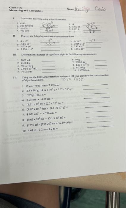 Cbemistry Measuring and Calculating Name Kaitlyn | Chegg.com