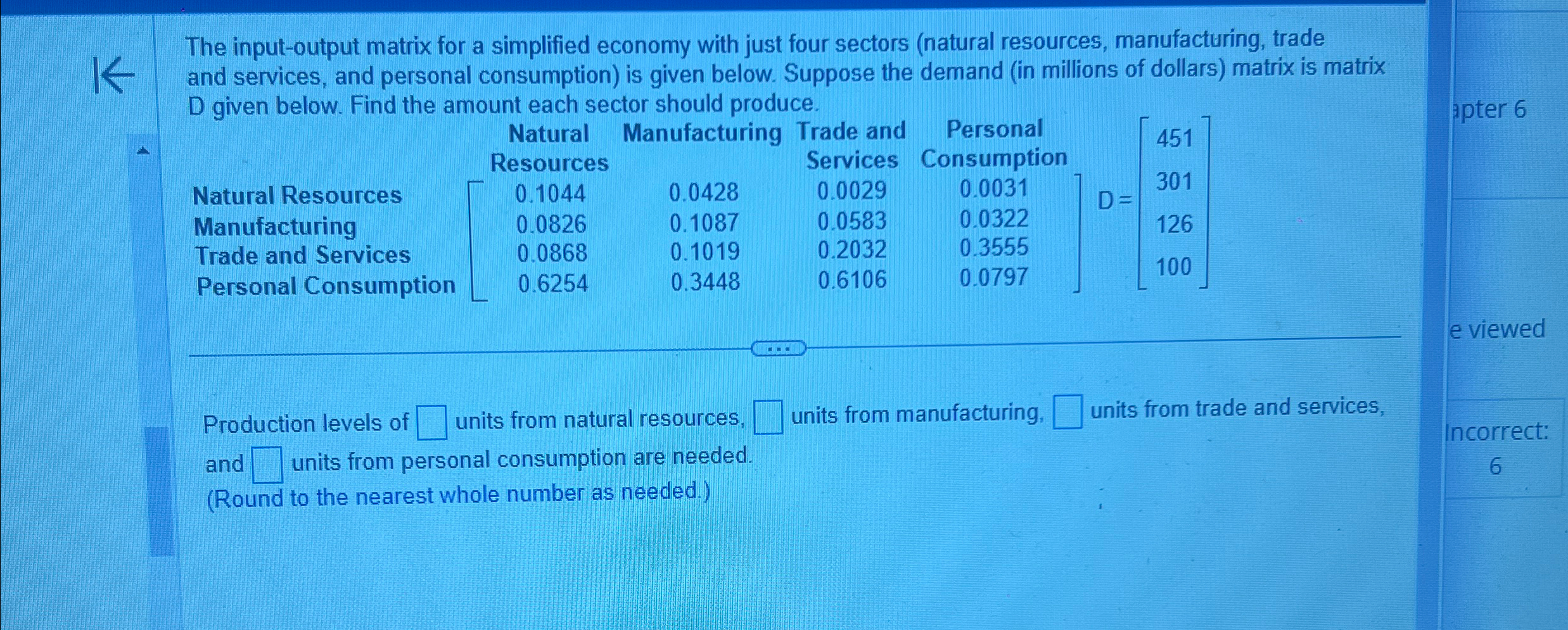 Solved The input-output matrix for a simplified economy with | Chegg.com
