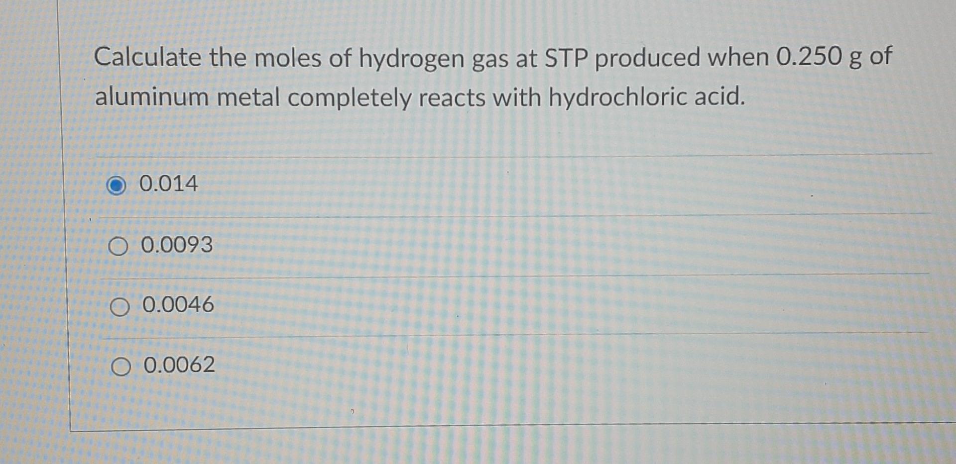 calculate number of moles of hydrogen gas at stp