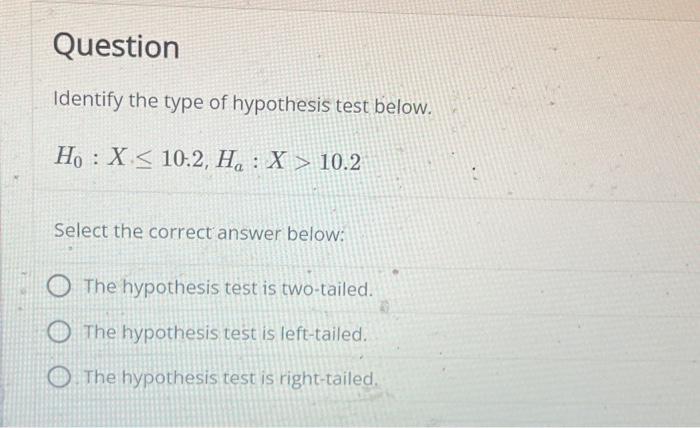 Solved Question Identify the type of hypothesis test below. | Chegg.com