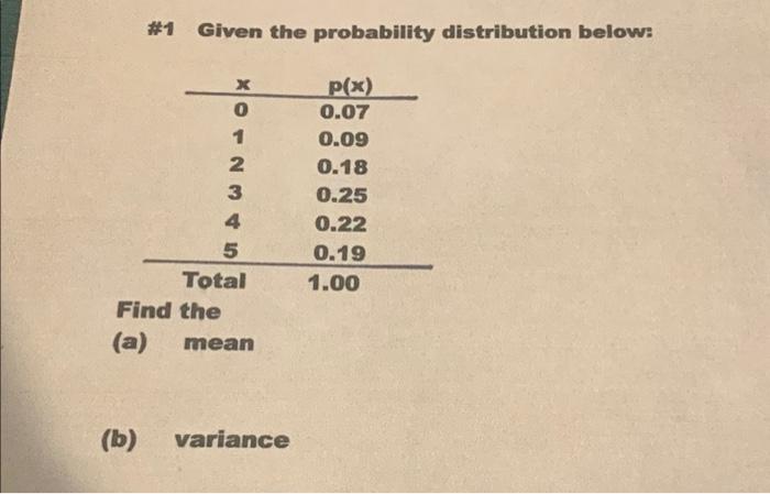 Solved #1 Given the probability distribution below: X 0 1 2 | Chegg.com