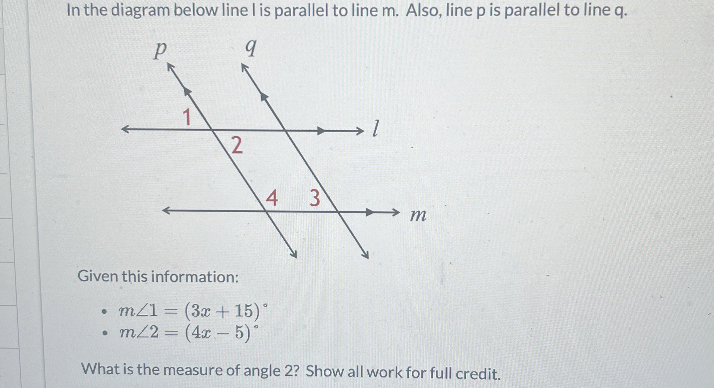 Solved In the diagram below line I is parallel to line m. | Chegg.com