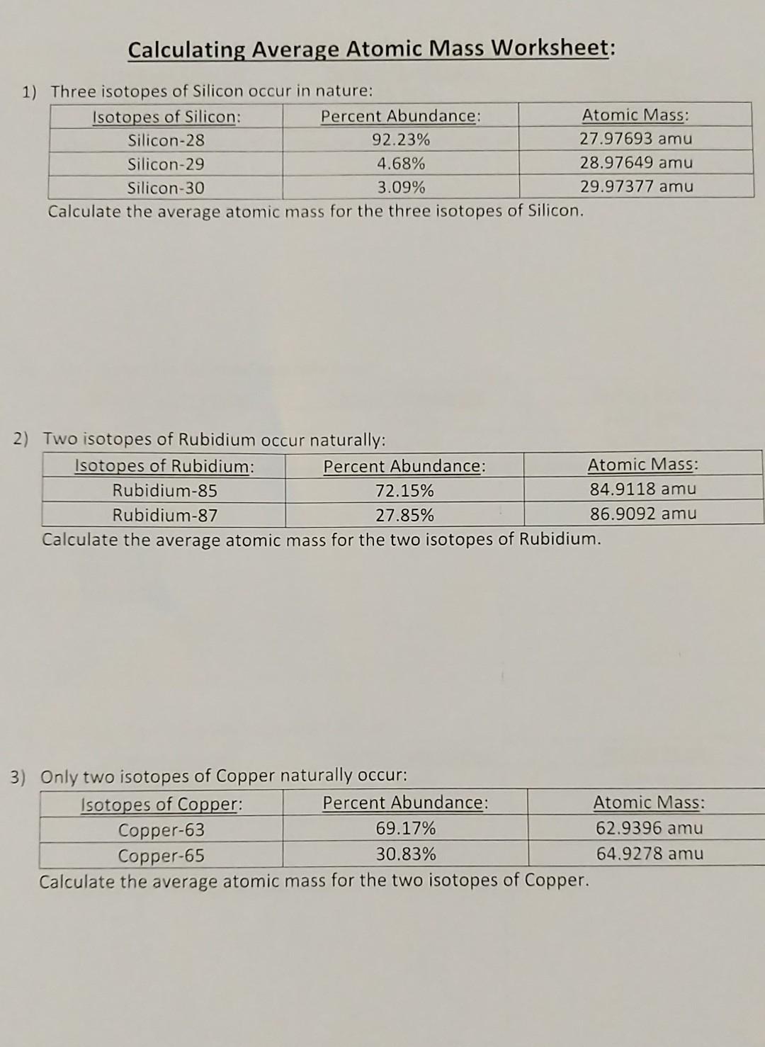 Solved Calculating Average Atomic Mass Worksheet: 22) Three  Chegg.com With Calculating Average Atomic Mass Worksheet