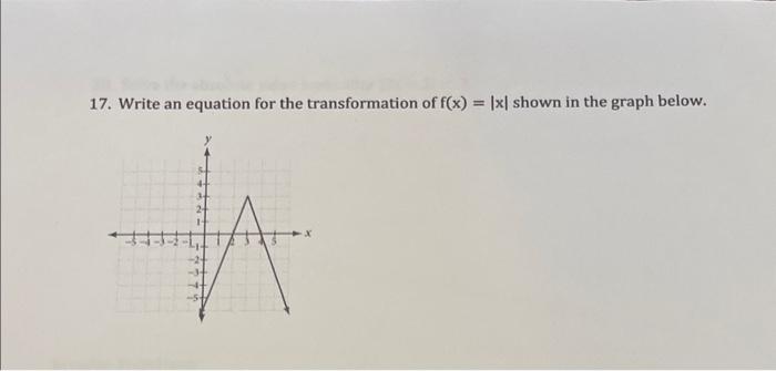 17. Write an equation for the transformation of \( f(x)=|x| \) shown in the graph below.