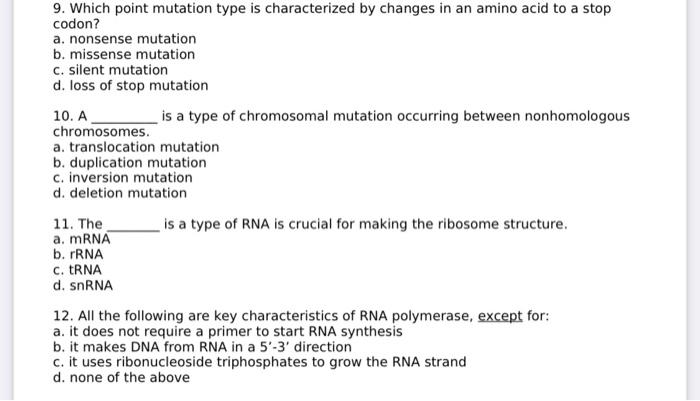 Solved 9. Which point mutation type is characterized by | Chegg.com