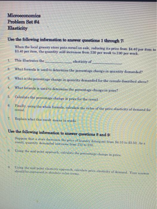 Solved Microeconomics Problem Set #4 Elasticity Use the | Chegg.com