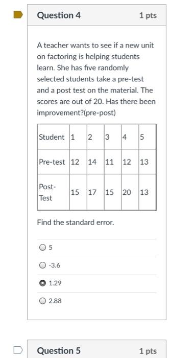 Solved Question 4 1 pts A teacher wants to see if a new unit | Chegg.com