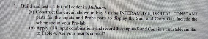 1. Build and test a 1-bit full adder in Multisim.
(a) Construct the circuit shown in Fig. 3 using INTERACTIVE DIGITAL CONSTAN