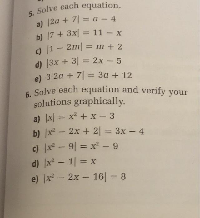 Solved - 5. Solve each equation. a) 12a + 7) = a -4 b) 17 + | Chegg.com