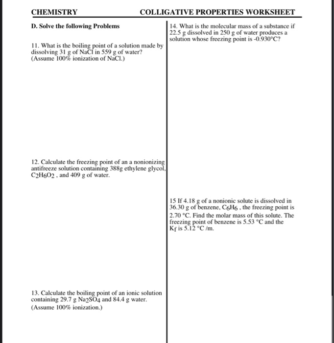 Solved CHEMISTRY COLLIGATIVE PROPERTIES WORKSHEET Practice | Chegg.com