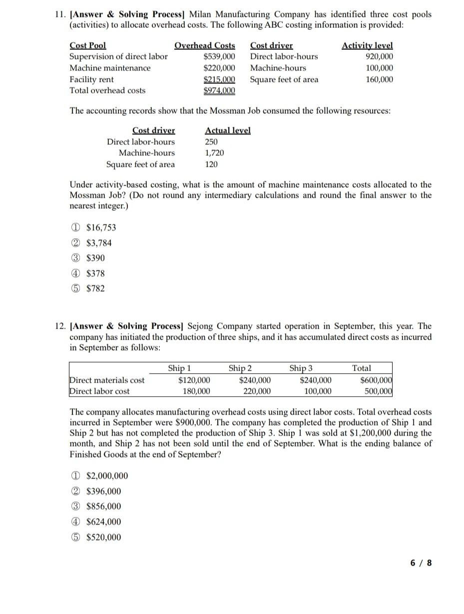 Solved 11. [Answer & Solving Process] Milan Manufacturing | Chegg.com