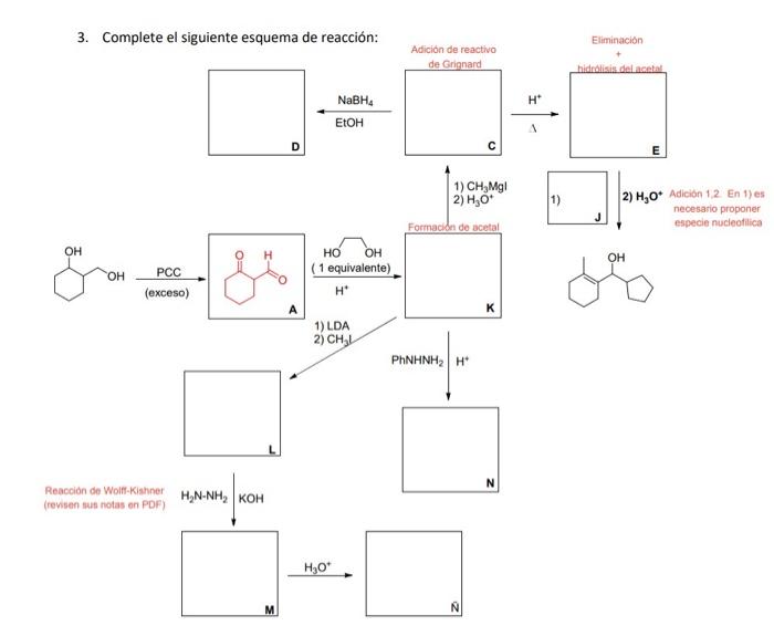 3. Complete el siguiente esquema de reacción: Adicion de reactivo de Grignard 1) \( \mathrm{CH}_{3} \mathrm{Mg} \) 2) \( \mat