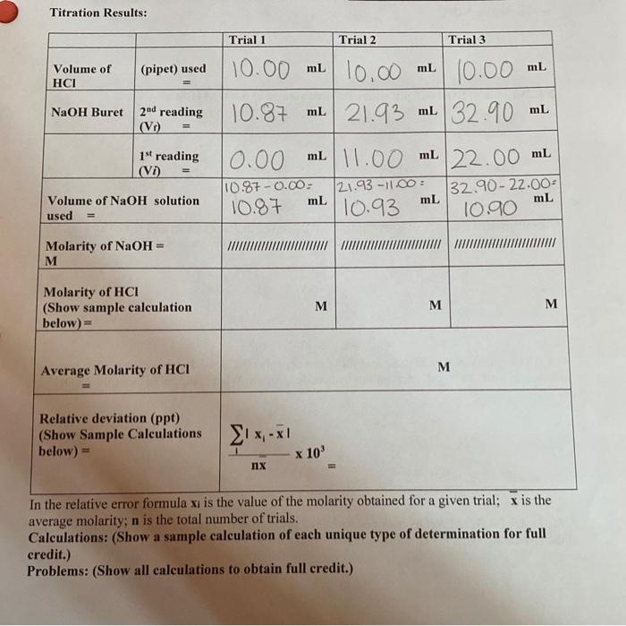 Solved Titration Results: Trial 1 Trial 2 Trial 3 Volume of | Chegg.com