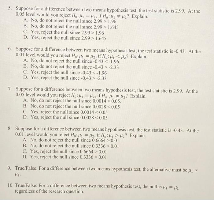 Solved 5. Suppose for a difference between two means | Chegg.com