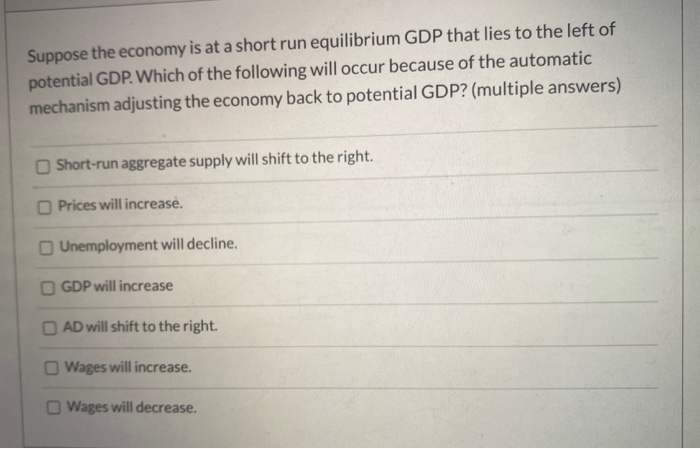 Solved Suppose the economy is at a short run equilibrium GDP | Chegg.com