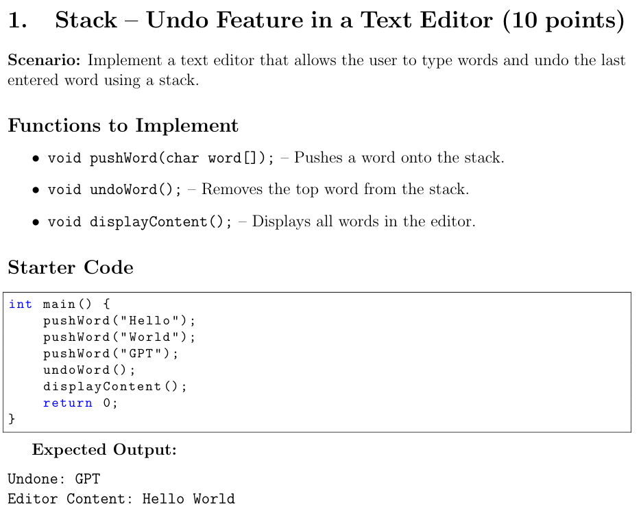 Solved 1. Stack - Undo Feature in a Text Editor (10 | Chegg.com