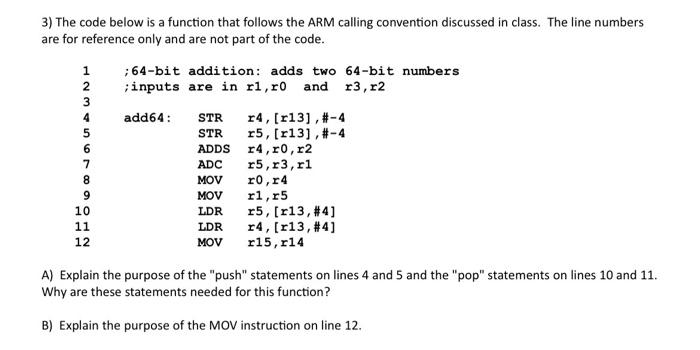 Solved 3) The code below is a function that follows the ARM | Chegg.com