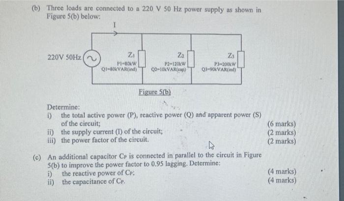 Solved (b) Three loads are connected to a 220 V 50 Hz power | Chegg.com