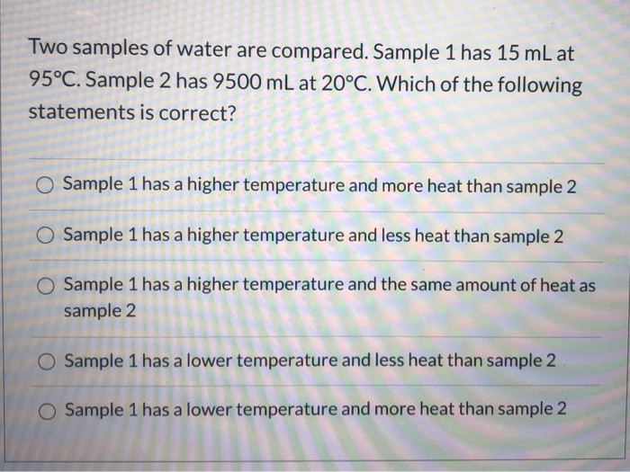 Solved Two samples of water are compared. Sample 1 has 15 mL | Chegg.com