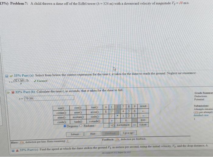 Solved 13%) Problem 7: A child throws a dime off of the | Chegg.com