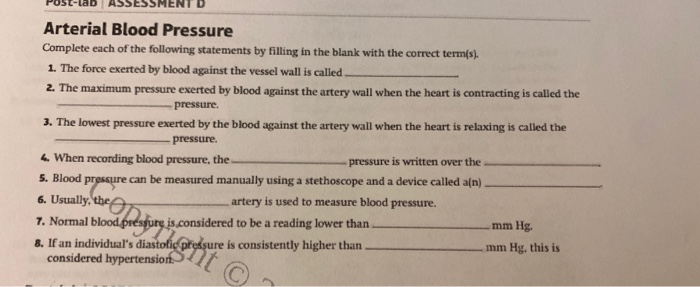 Solved Arterial Blood Pressure Complete each of the | Chegg.com