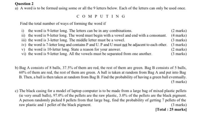Solved Question 2 a) A word is to be formed using some or | Chegg.com