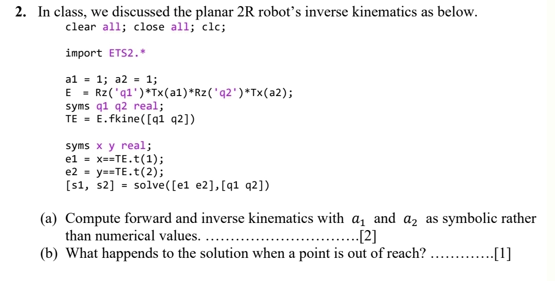 Solved In class, we discussed the planar 2R ﻿robot's inverse | Chegg.com