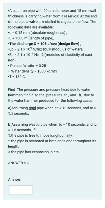 Solved A cast iron pipe with 20 cm diameter and 15 mm wall | Chegg.com