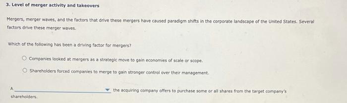Solved 3. Level of merger activity and takeovers Mergers, | Chegg.com